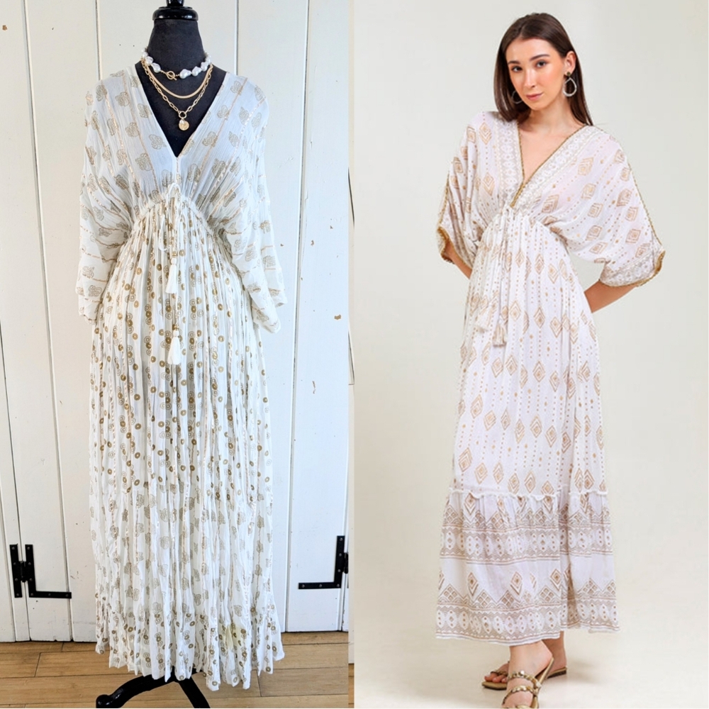 🌴Elegant Boho Chic White and Gold Maxi Dress One Size